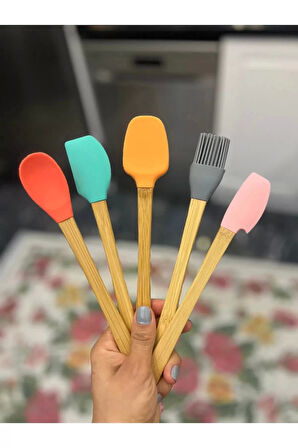 5&amp;#39;li Renkli Ahşap Saplı Silikon Uçlu Spatula Fırçalı Kaşık Seti -yemek Hazırlık Seti 21 Cm