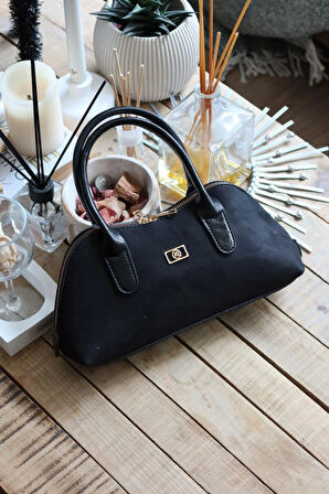 siyah süet çift fermuar detaylı el omuz çantası