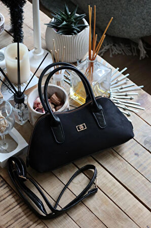 siyah süet çift fermuar detaylı el omuz çantası