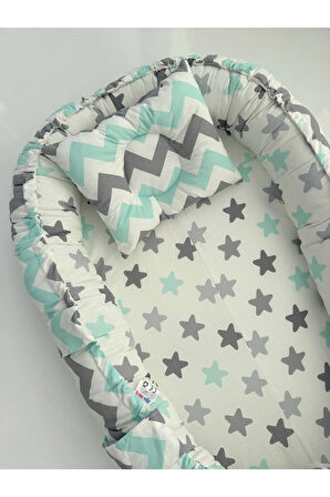 Yeşil Gri Zikzak Ve Yıldız Desen Kumaş Anne Yanı Babynest Çift Taraflı Baby Nest