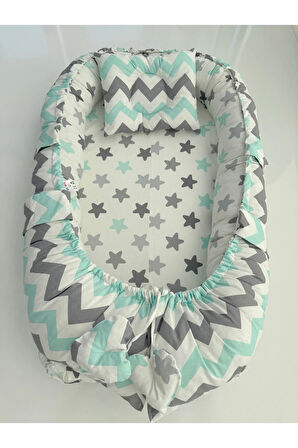 Yeşil Gri Zikzak Ve Yıldız Desen Kumaş Anne Yanı Babynest Çift Taraflı Baby Nest