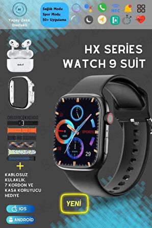 Hx Watch 9 Suit 7 Kordonlu Full Set Kadın Erkek Akıllı Saat Kulaklık Kırılmaz Cam Kılıf Hediyeli