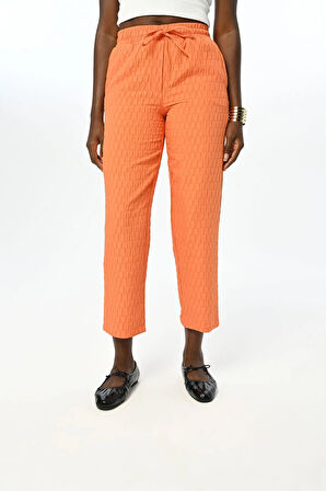 KADIN RAHAT KALIP BELİ LASTİKLİ DESENLİ TURUNCU PANTOLON