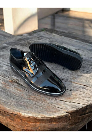 siyah rugan deri özel baskı detaylı  bagcıklı nişan dügün özel günler damatlık klasik erkek ayakkabı Siyah / 44