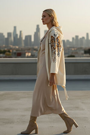 Kadın Krem Kapüşonlu Fermuarlı Etnik Desen Detaylı Oversize Ceket – Çiçek Desenli Şık Kadın Ceket 