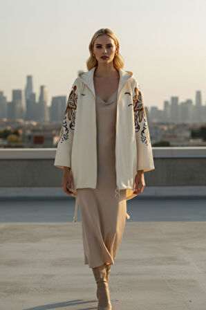 Kadın Krem Kapüşonlu Fermuarlı Etnik Desen Detaylı Oversize Ceket – Çiçek Desenli Şık Kadın Ceket 