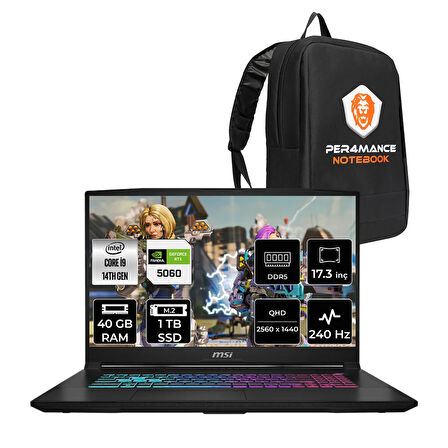 MSI Katana 17 HX i9-14900HX 40GB 1TB SSD RTX5060/8GB 17.3'' 2K QHD 240Hz FDOS Gaming Laptop B14WFK
