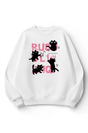 Unisex Yumuşak Dokulu Kedi Kaos Baskılı Tasarım Oversize 3 İplik Bisiklet Yaka Sweatshirt