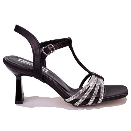 Dagoster DZA07-1125051 Siyah Saten Taşlı Abiye Topuklu Kadın Ayakkabı