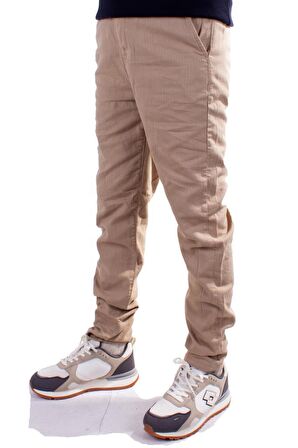 Twister Slim Jogger-011 Bej Yüksek Bel Dar Paça Erkek Keten Pantolon