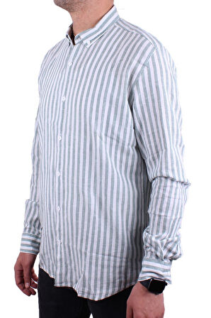 Twister 1905 Yeşil Çizgili Uzun Kol Günlük Pamuk Karışımlı Keten Erkek Gömlek