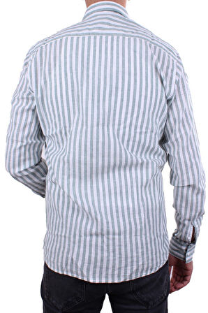 Twister 1905 Yeşil Çizgili Uzun Kol Günlük Pamuk Karışımlı Keten Erkek Gömlek