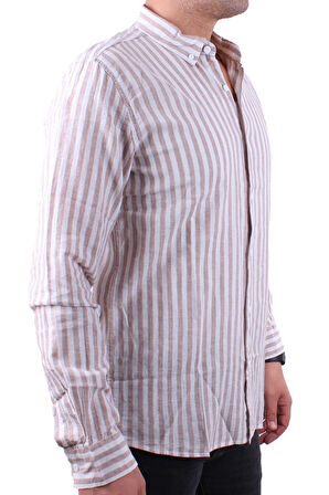 Twister 1905 Kahve Çizgili Uzun Kol Günlük Pamuk Karışımlı Keten Erkek Gömlek