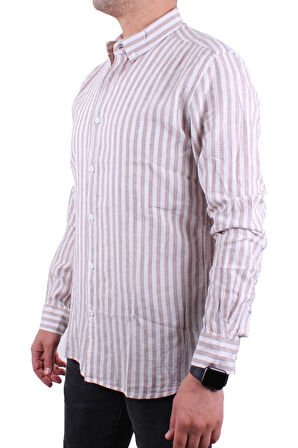 Twister 1905 Kahve Çizgili Uzun Kol Günlük Pamuk Karışımlı Keten Erkek Gömlek