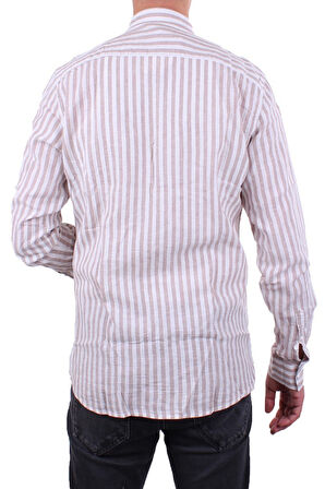 Twister 1905 Kahve Çizgili Uzun Kol Günlük Pamuk Karışımlı Keten Erkek Gömlek