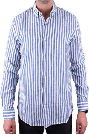 Twister 1905 Lacivert Çizgili Uzun Kol Günlük Pamuk Karışımlı Keten Erkek Gömlek