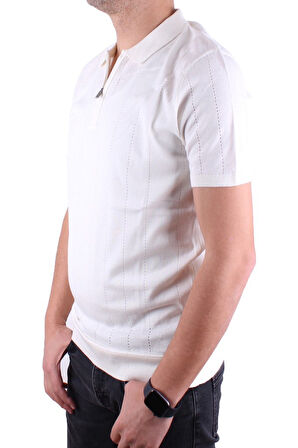 Dagoster DMG23-511228 Ekru Günlük Fermuarlı Polo Yaka Erkek Tişört