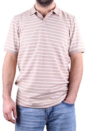Dagoster DMG23-231237 Bej Beyaz Günlük Çizgili Polo Yaka Erkek Tişört
