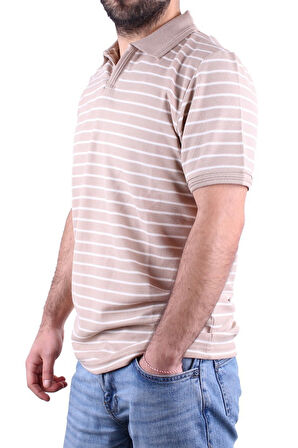 Dagoster DMG23-231237 Bej Beyaz Günlük Çizgili Polo Yaka Erkek Tişört