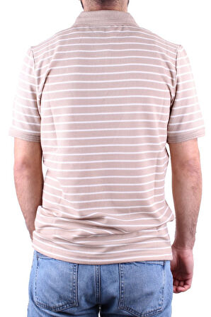 Dagoster DMG23-231237 Bej Beyaz Günlük Çizgili Polo Yaka Erkek Tişört