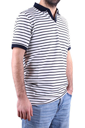 Dagoster DMG23-231237  Beyaz Lacivert Günlük Çizgili Polo Yaka Erkek Tişört