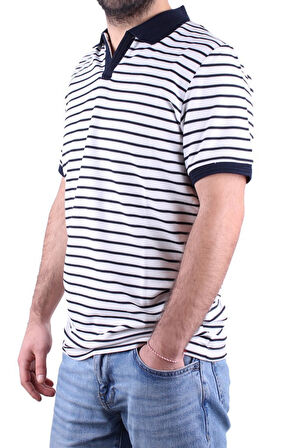 Dagoster DMG23-231237  Beyaz Lacivert Günlük Çizgili Polo Yaka Erkek Tişört