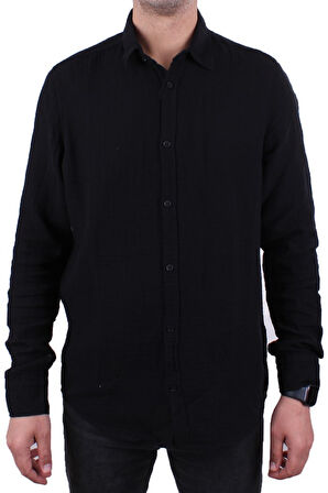 Dagoster DMG23-121362 Siyah Günlük Müslin Normal Kalıp Uzun Kol Erkek Gömlek