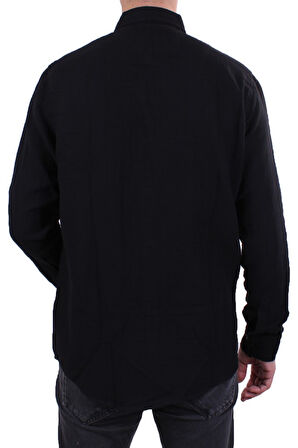 Dagoster DMG23-121362 Siyah Günlük Müslin Normal Kalıp Uzun Kol Erkek Gömlek