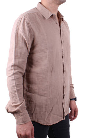 Dagoster DMG23-121362 Toprak Günlük Müslin Normal Kalıp Uzun Kol Erkek Gömlek