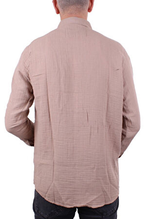 Dagoster DMG23-121362 Toprak Günlük Müslin Normal Kalıp Uzun Kol Erkek Gömlek