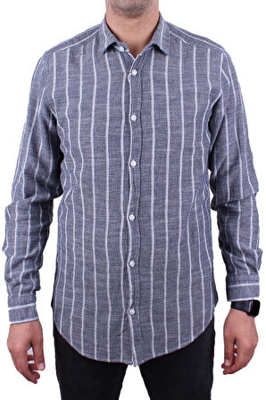 Dagoster DMG23-114098 Lacivert Beyaz Günlük Hasır Keten Normal Kalıp Uzun Kol Erkek Gömlek