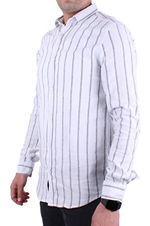 Dagoster DMG23-114098 Beyaz Lacivert Günlük Hasır Keten Normal Kalıp Uzun Kol Erkek Gömlek