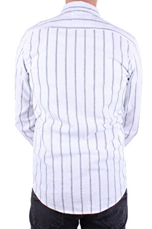 Dagoster DMG23-114098 Beyaz Lacivert Günlük Hasır Keten Normal Kalıp Uzun Kol Erkek Gömlek