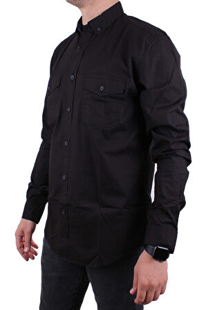 Dagoster DMG23-118783 Siyah Poplin Günlük Normal Kalıp Uzun Kol Erkek Gömlek