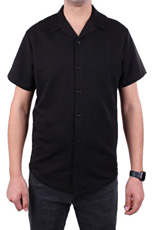 Dagoster DMG23-199598 Siyah Ottoman Örme Apaj Yaka Oversize Kalıp Kısa Kol Erkek Gömlek