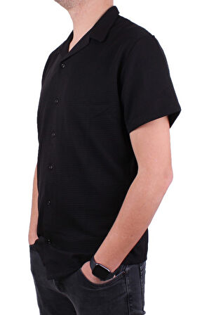 Dagoster DMG23-199598 Siyah Ottoman Örme Apaj Yaka Oversize Kalıp Kısa Kol Erkek Gömlek