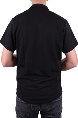 Dagoster DMG23-199598 Siyah Ottoman Örme Apaj Yaka Oversize Kalıp Kısa Kol Erkek Gömlek