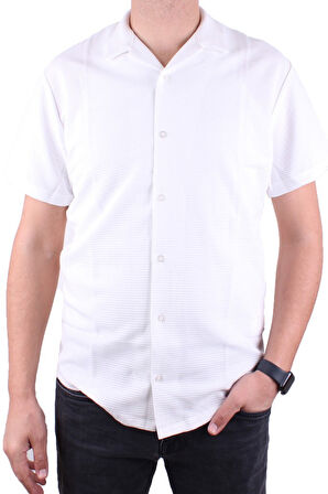 Dagoster DMG23-199598 Ekru Ottoman Örme Apaj Yaka Oversize Kalıp Kısa Kol Erkek Gömlek