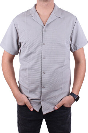 Dagoster DMG23-199598 Gri Ottoman Örme Apaj Yaka Oversize Kalıp Kısa Kol Erkek Gömlek