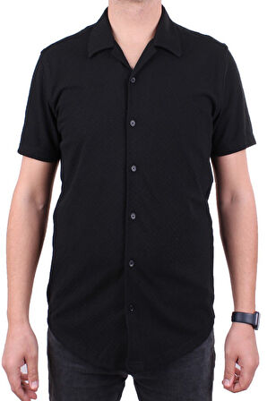 Dagoster DMG23-118381 Siyah Örme Apaj Yaka Dar Kalıp Kısa Kol Erkek Gömlek