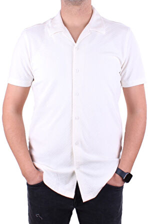 Dagoster DMG23-118381 Beyaz Örme Apaj Yaka Dar Kalıp Kısa Kol Erkek Gömlek