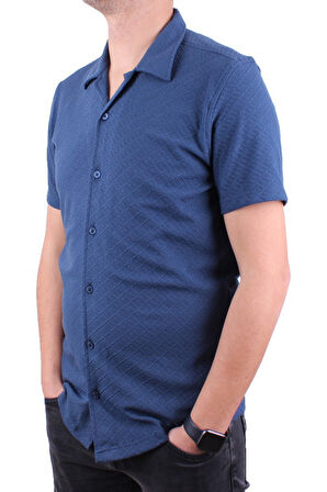 Dagoster DMG23-118381 İndigo Örme Apaj Yaka Dar Kalıp Kısa Kol Erkek Gömlek