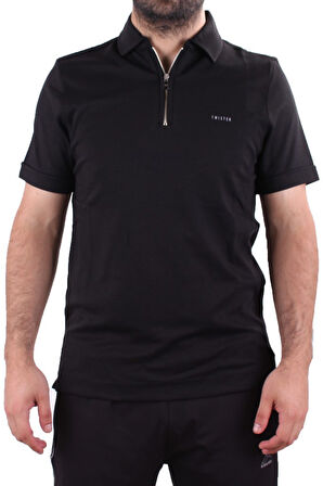 Twister 2298 Siyah Günlük Kısa Kol Normal Kesim Pamuklu Fermuarlı Polo Yaka Erkek Tişört