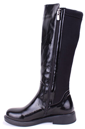 Dagoster DZA07-8965545 Siyah Kırışık Rugan Streçli Düz Topuklu  Kadın Çizme