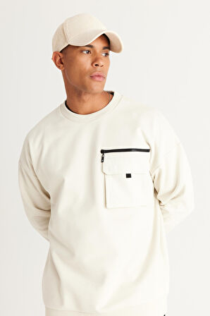 Erkek Bej Oversize Bol Kesim Içi Polarlı Iplik Bisiklet Yaka %100 Pamuk Sweatshirt
