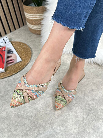 Günlük Kadın Abiye Kalın Kısa Topuklu Renkli Çift Şerit Örme Hasır Ayarlanabilir Tokalı Ayakkabı 457