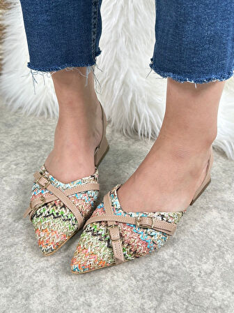 Günlük Kadın Abiye Kalın Kısa Topuklu Renkli Çift Şerit Örme Hasır Ayarlanabilir Tokalı Ayakkabı 457