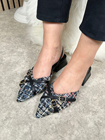 Günlük Kadın Abiye Kalın Kısa Topuklu Renkli Çift Şerit Örme Hasır Ayarlanabilir Tokalı Ayakkabı 457