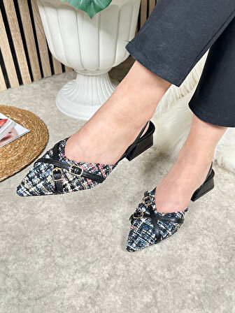 Günlük Kadın Abiye Kalın Kısa Topuklu Renkli Çift Şerit Örme Hasır Ayarlanabilir Tokalı Ayakkabı 457