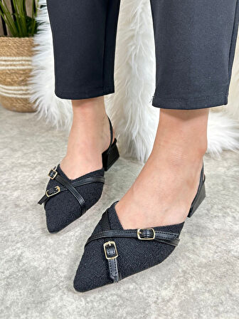 Günlük Kadın Abiye Kalın Kısa Topuklu Renkli Çift Şerit Örme Hasır Ayarlanabilir Tokalı Ayakkabı 457